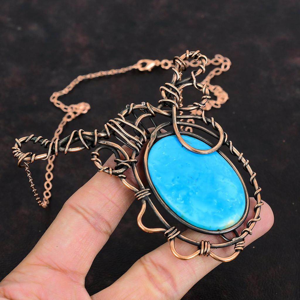 Arizona Turquoise Necklace Copper Wire Wrapped Gemstone Necklace Copper Handmade Jewelry Adjustable Chain Necklace Antique Wire Wrap Jewelry
