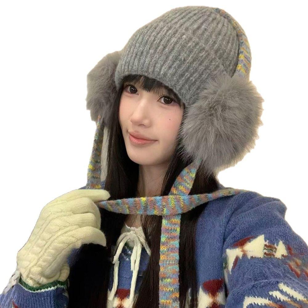 Knit Ear Flap Beanie Cuffed Cuffed Winter Hat Retro Ear Flap Hat For Women