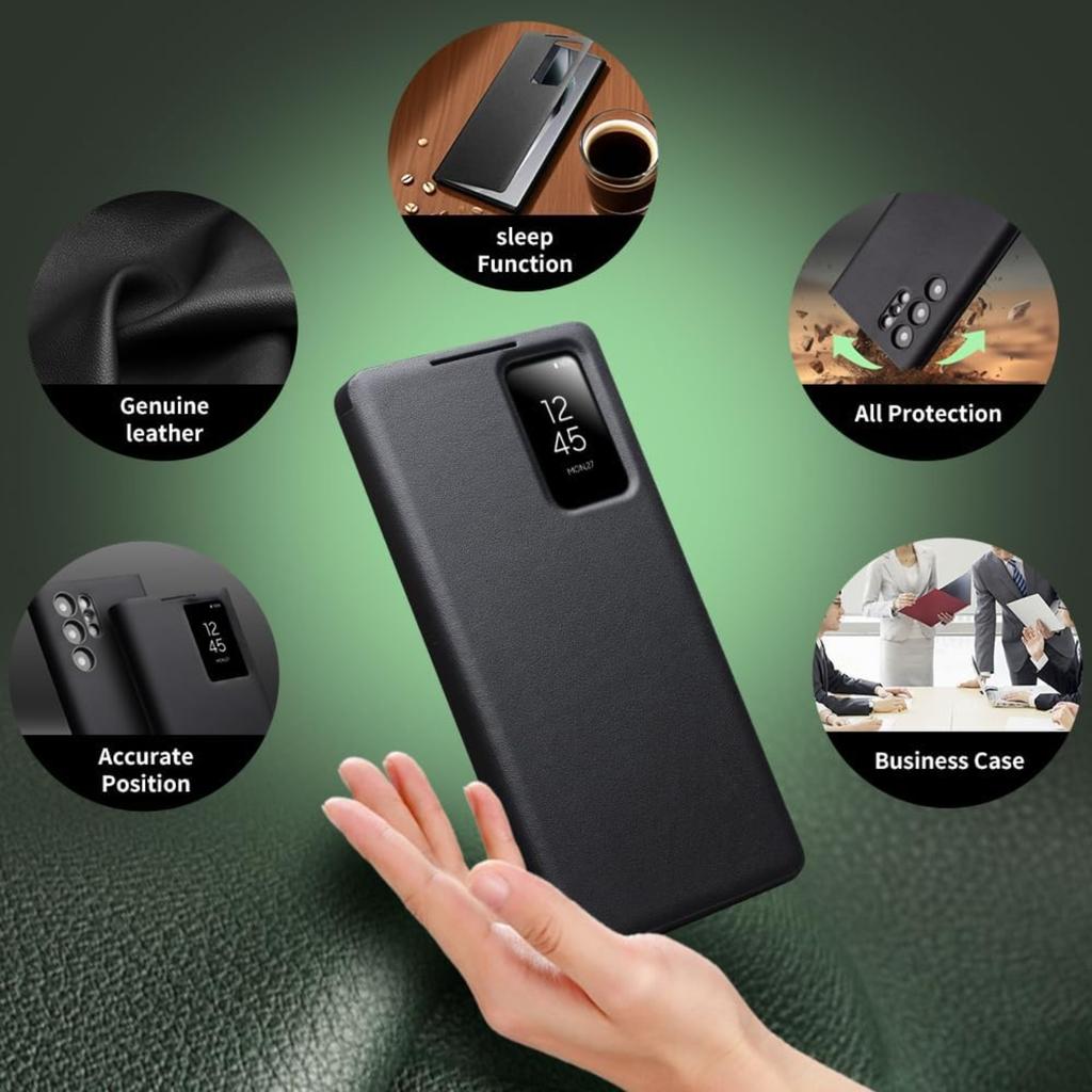 Genuine Leather Smart Case for Samsung Galaxy S25 Ultra Light Phone Cover with Smart View Case for S25 Ultra(Only for S25 Ultra Black)