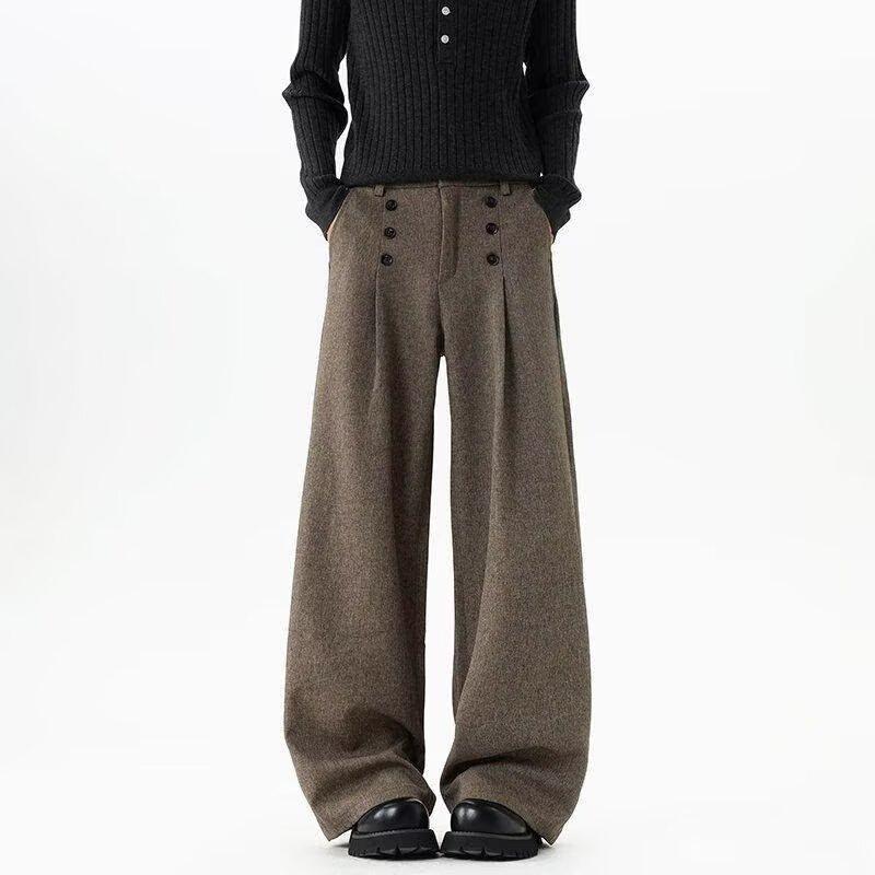 Old Qian Feng Double-breasted Pleated Casual Pants Men's and Women's Winter A-shaped Silhouette Suit Pants Drape Loose Wide-leg Trousers