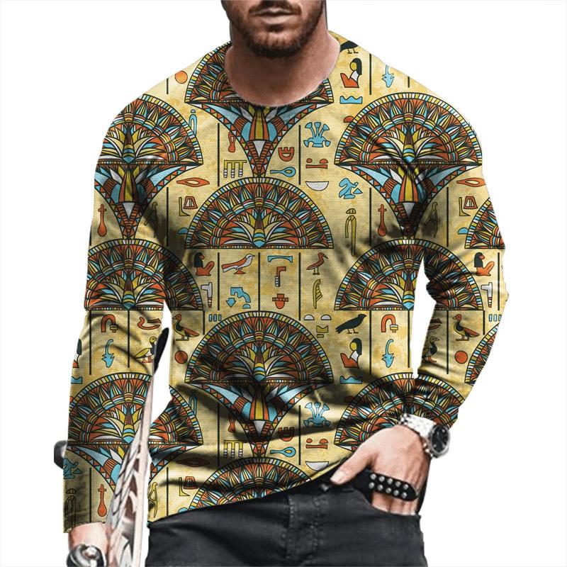 Ancient Egyptian Pattern Print T-shirt Autumn Men's O-Neck T-shirt Casual Long Sleeve Oversized Tops Fashion Streetwear Tees