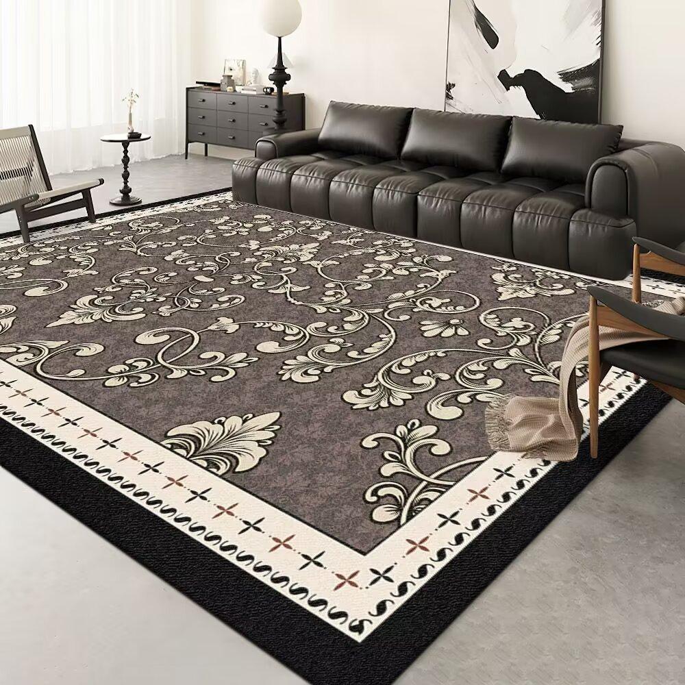 Modern Floral Carpet Mat Rug Black White Vine Pattern with Geometric Border Soft Floor Mat for Living Room Home Decoration