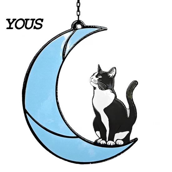 Decorative Hanging Ornament Acrylic Cat Pendant with Chain, Animal for Window Crescent Wall Decor, Cute Lover Gift Home Room Decoration Light