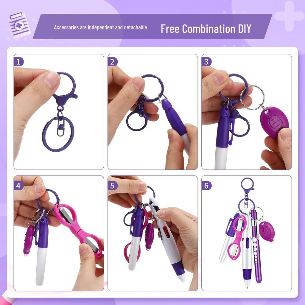 Colorful Ballpoint Pen Set: 4-Color Click Pens, Carabiner, Nurse Pen, Scissors, Penlight, Highlighter, Pocket-Sized.