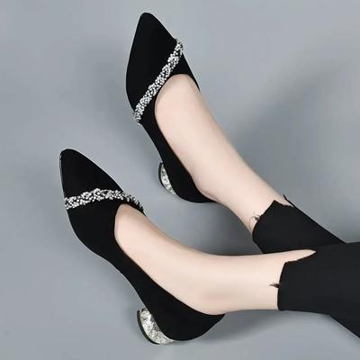 2024 Women's Diamond Shoes for Woman  Rhinestone Office Low Heel Elegant with Crystals Black Stylish Shoes