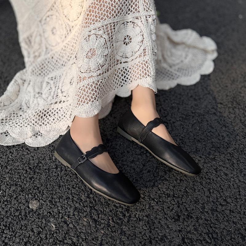 Johnature Genuine Leather Buckle Strap Women's Flats Shoes Retro Square Toe Soft Soles Solid Color Shoes