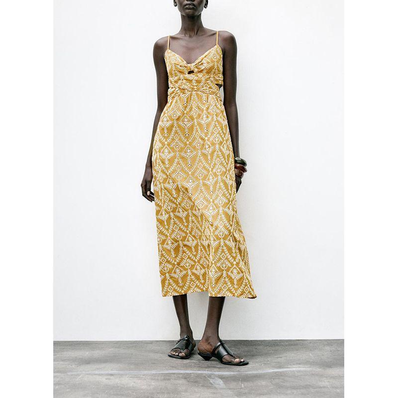 Summer New Women clothes Pleat Decoration V-neck Embroidery Fashion Print Sleeveless Midi Dress 8351028