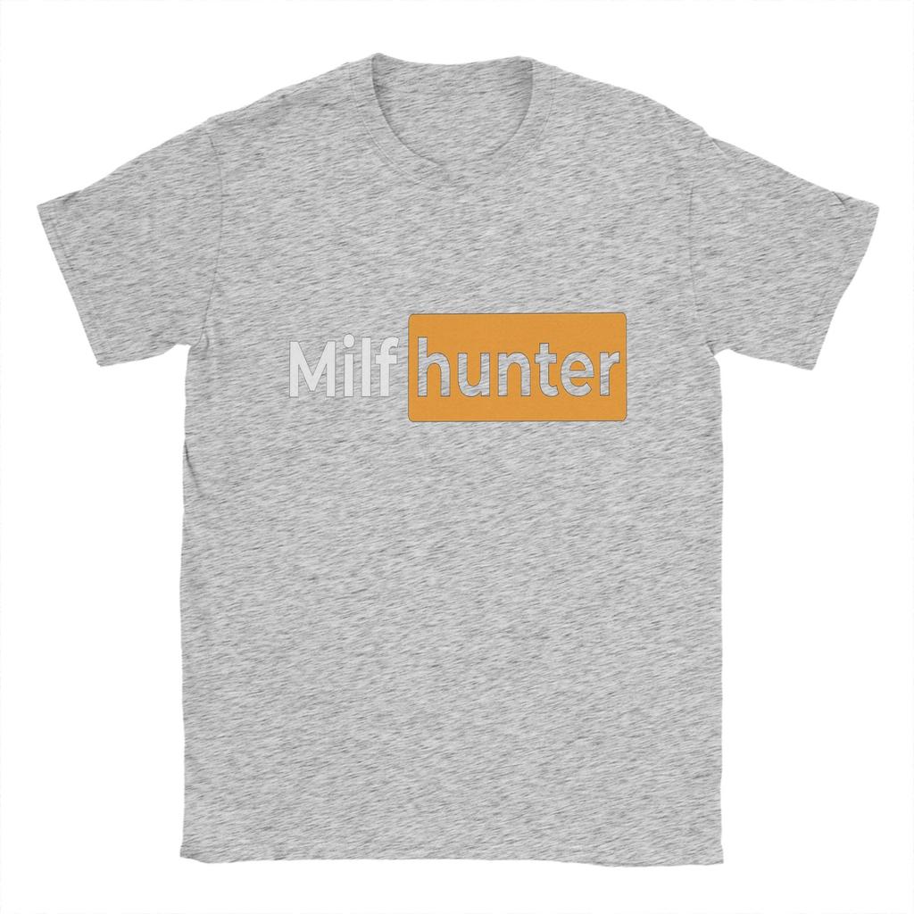 Cool Or Funny Men's T Shirts   Milf hunter Sticker Novelty Tees Short Sleeve O Neck T-Shirts Pure Cotton Gift Idea Clothing