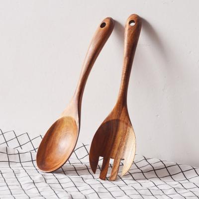2 pièces Serviteurs à Salade en Bois d'Acacia 10,5 Pouces Pinces à Salade Portables Ensemble Cuillère et Fourchette Vaisselle Polie Remuer