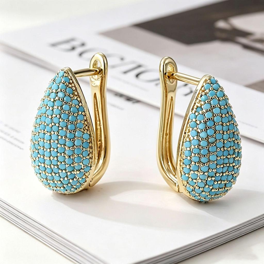 Yanbai Fashion Turquoise Geometric Oval Hoop Earrings with Zirconia - Light Luxury European & American Style