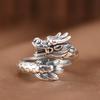 Adjustable Vintage Ethnic Totem Dragon Phoenix Ring Sterling Unisex Open Band Jewelry