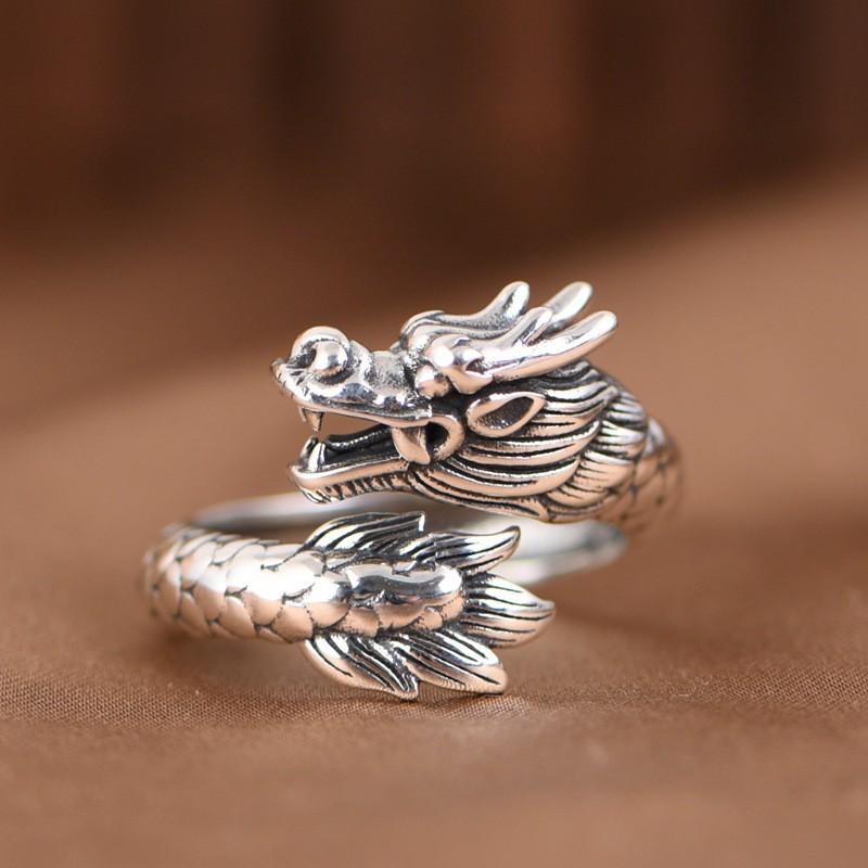 Adjustable Vintage Ethnic Totem Dragon Phoenix Ring Sterling Unisex Open Band Jewelry