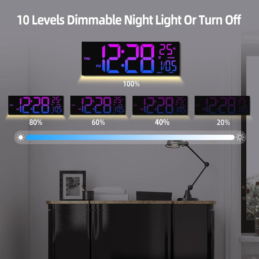 8 Colors Digital Wall Clock, 16.2" Large Digital Clock with Temperature, Date, Auto DST, Night Light, Auto Brightness Dimmer, 24/12-hour Wall Clock