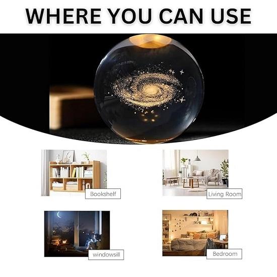 3D Galaxy Crystal Ball Night Lamp Engraved USB Table LED Wooden Light for Home Office Decoration and Birthday Gift