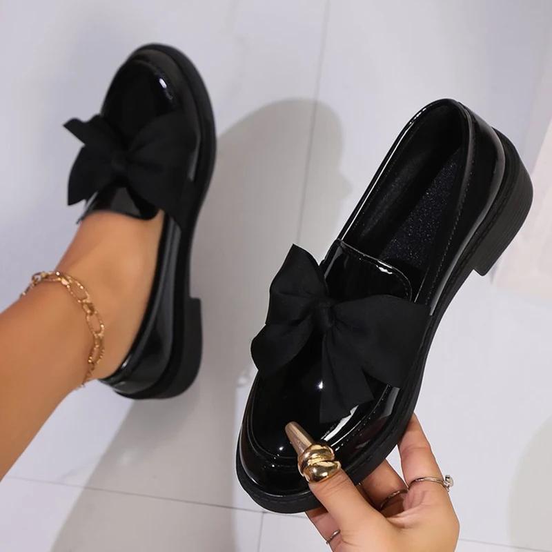 Fashion Fashion Bowknot Slip On Loafers for Women 2025 Summer Solid Color Patent Leather Shoes Woman Comfort Soft Sole Platform Loafers