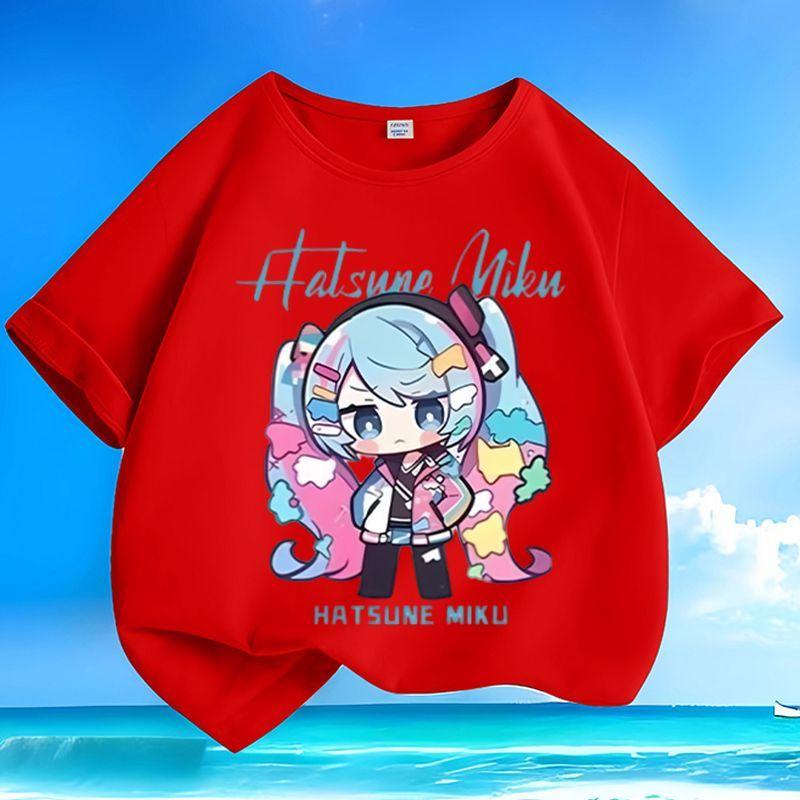 Newly Designed Printed Q-version Cute Hatsune Miku Boy-girl Children's Summer Pure Cotton Loose Casual Short-sleeved Shirt