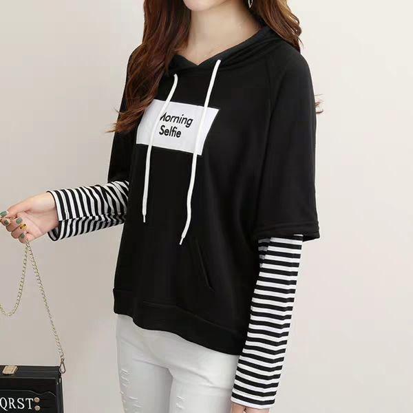 Koreański patchworkowy t-shirt w stylu harajuku fałszywe dwa kawałki tęczowe paski z długim rękawem luźna koszulka O-neck damskie koszulki