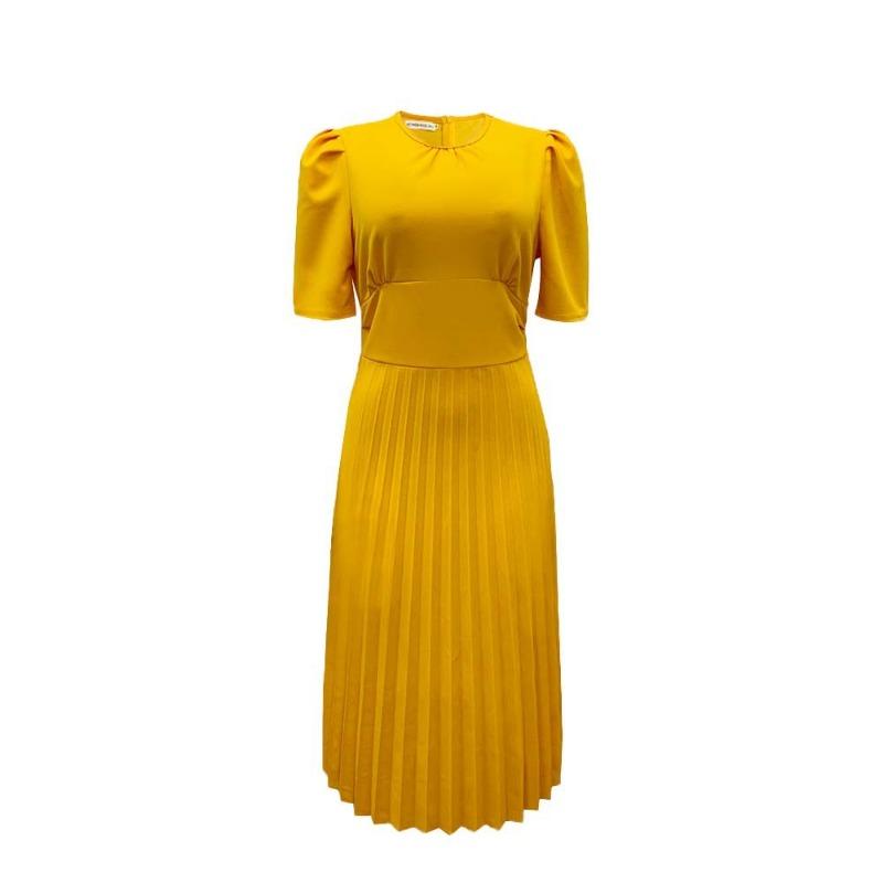 Summer new short-sleeved pleated solid color large-size dress