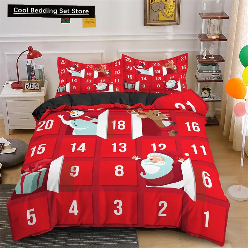 Frohe Weihnachten King Queen Bettwäsche Set Weihnachtsmann Schneemann Bettdeckenbezug Weihnachtsbaum Bettbezug Rot Polyester Steppdeckenbezug