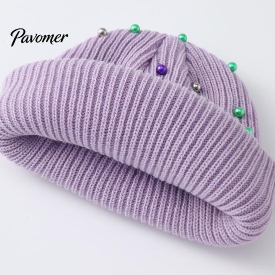 Soft Vertical Texture Hats Unisex Beanies with Colorful Beads, Winter Warm Knitted Hat, Casual Stylish Knit Skull Caps Stretch Cozy Cap for