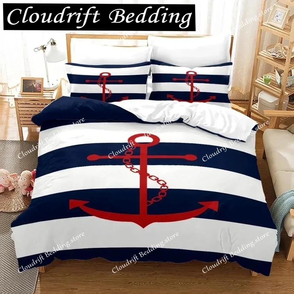 Anchor Duvet Cover Set,Nautical Classic Colors And Anchors Simplistic Design Sailor Ship Polyester Fashion Bedding Set