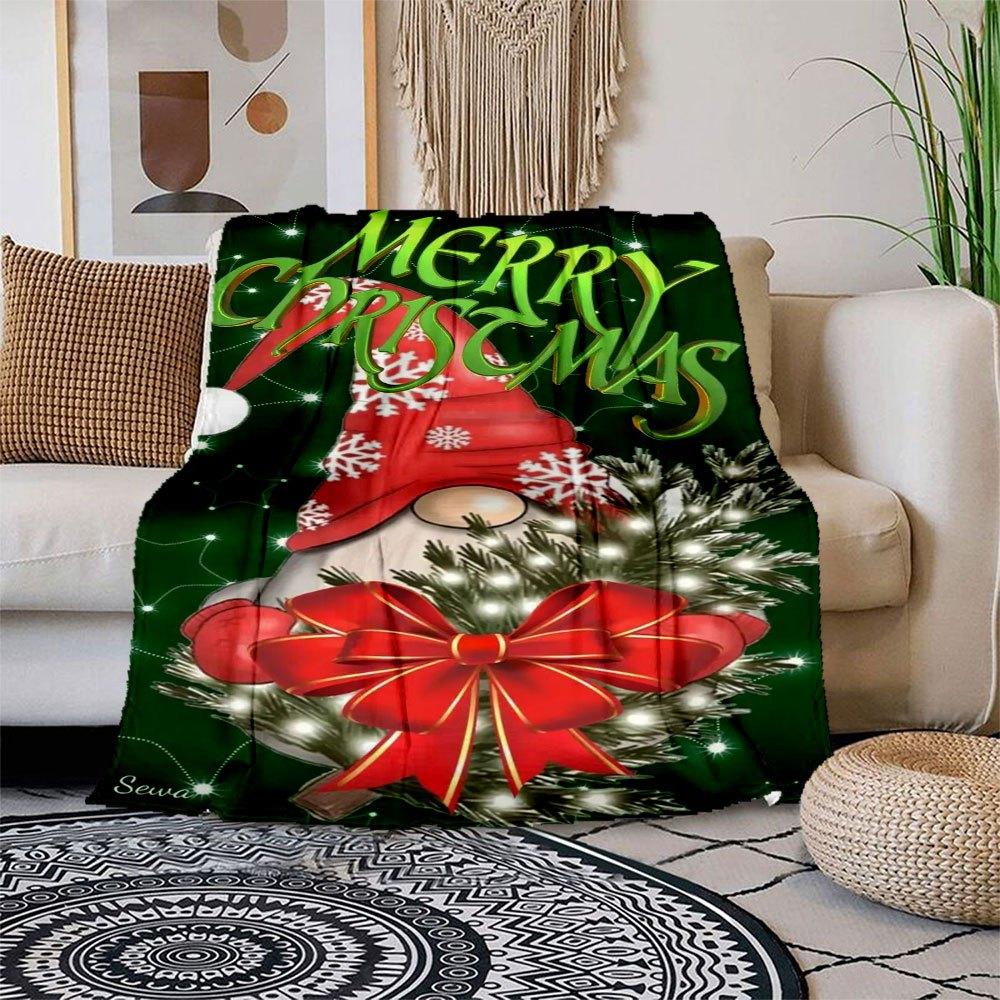 

Merry Christmas Gnome with Red Bow Decoration Blanket Flannel Throw Blanket for Sofa, Bed, Travel, Camping, Office 100x150cm