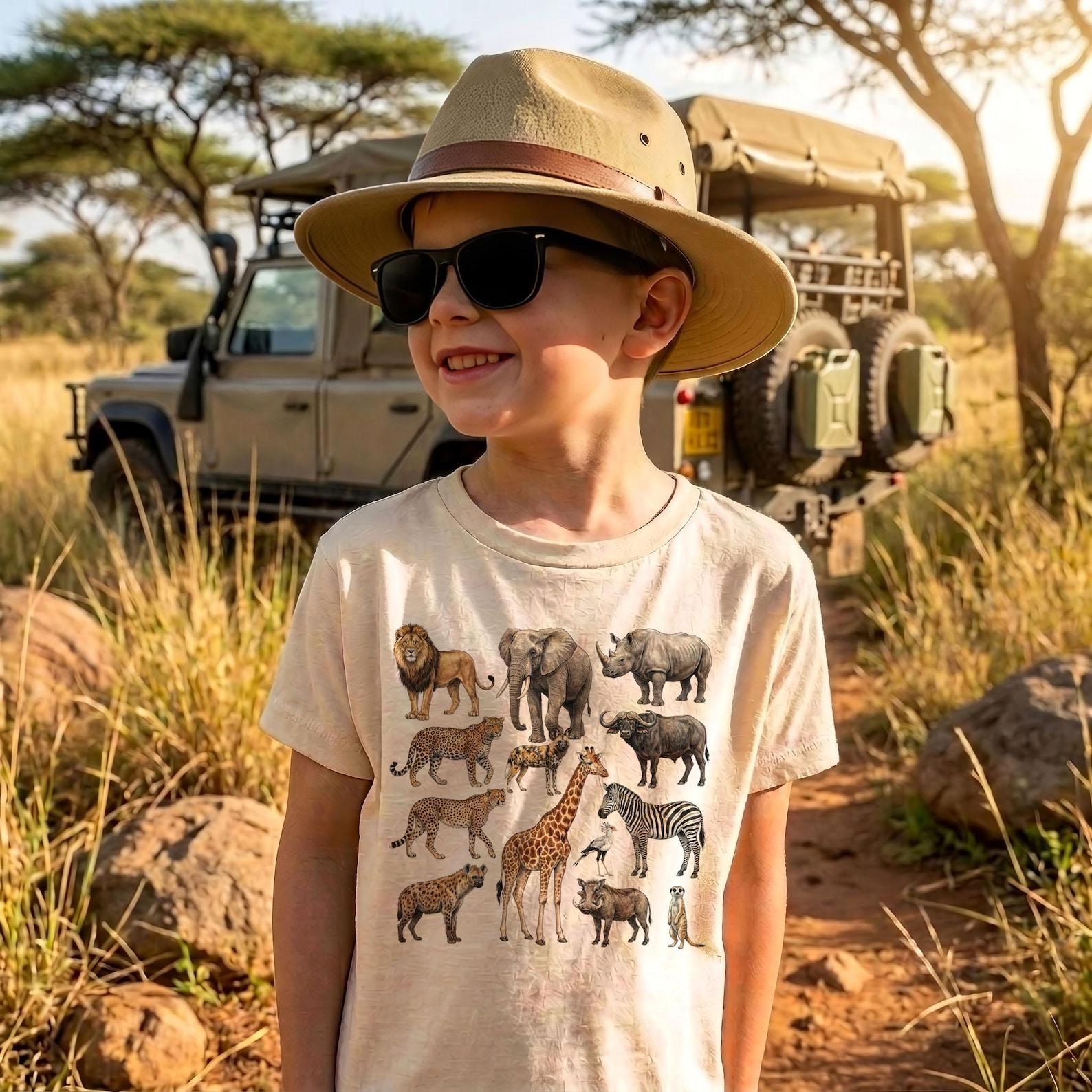 African Safari Animals Field Guide T-Shirt: Lion, Elephant, Rhinoceros, Leopard, Buffalo, Cheetah, Giraffe, Hyena 130