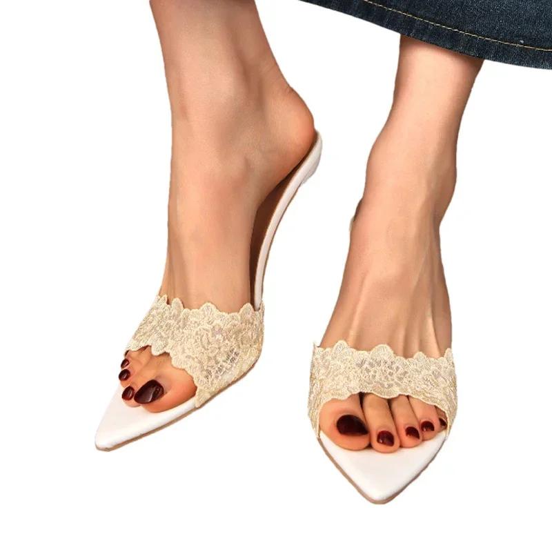 Fashion 2025Lace High Heels Women Slipper Sexy Pointed Toe Shoes  Dress Sandals 2025 Summer Trend Elegant Slides Fad Flip Flops