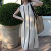 Chic Design Contrast Stripe Ice Silk Knitted Sleeveless Dress for Women, Summer Casual Gentle Style Skirt