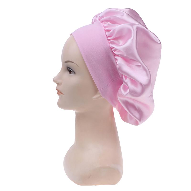 58Cm Solid Color Women Satin Bonnet Cap Night Sleep Hat Adjust Shower Caps