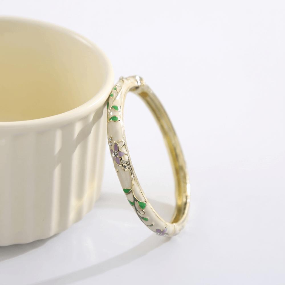 Gold Plated Enamel Bangle Bracelet Retro Light Luxury Flower Enamel Bangle Traditional Chinese