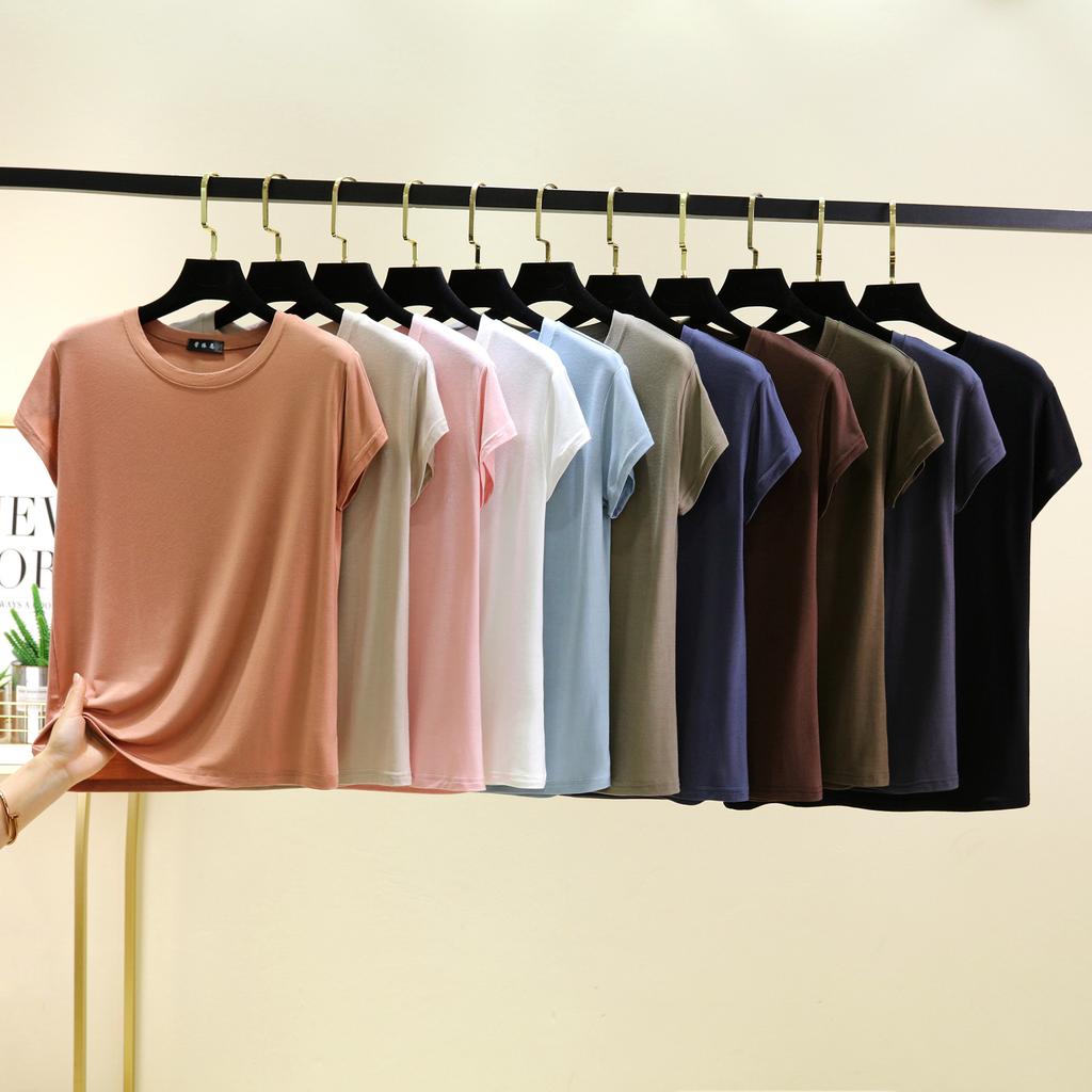 Women's Crew Neck Short Sleeve Tee Slim Fit Casual Modal Solid Color Knit Layering Top