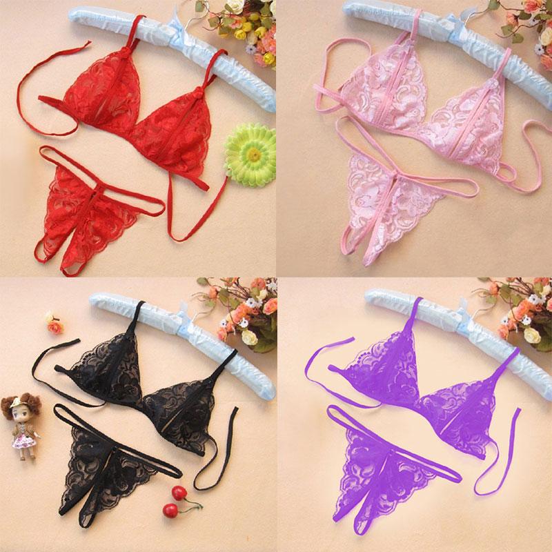 Crotchless Lace Bikini Three Point Female Lingerie Babydoll See Through Glamour Bra+Underwear Sexy Glamour Underwear Set