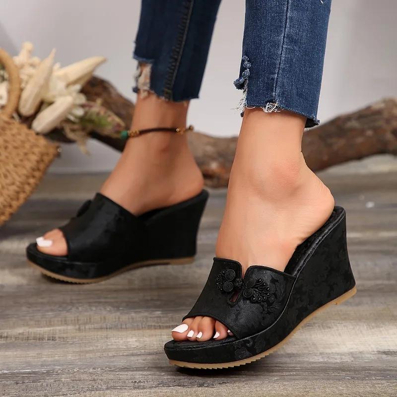 fashion 2024 Fashion Ladies Shoes Plus Size Women's Slippers Fashion Printing Dress Slippers Women New Round Toe Peep Toe Wedge Slippers