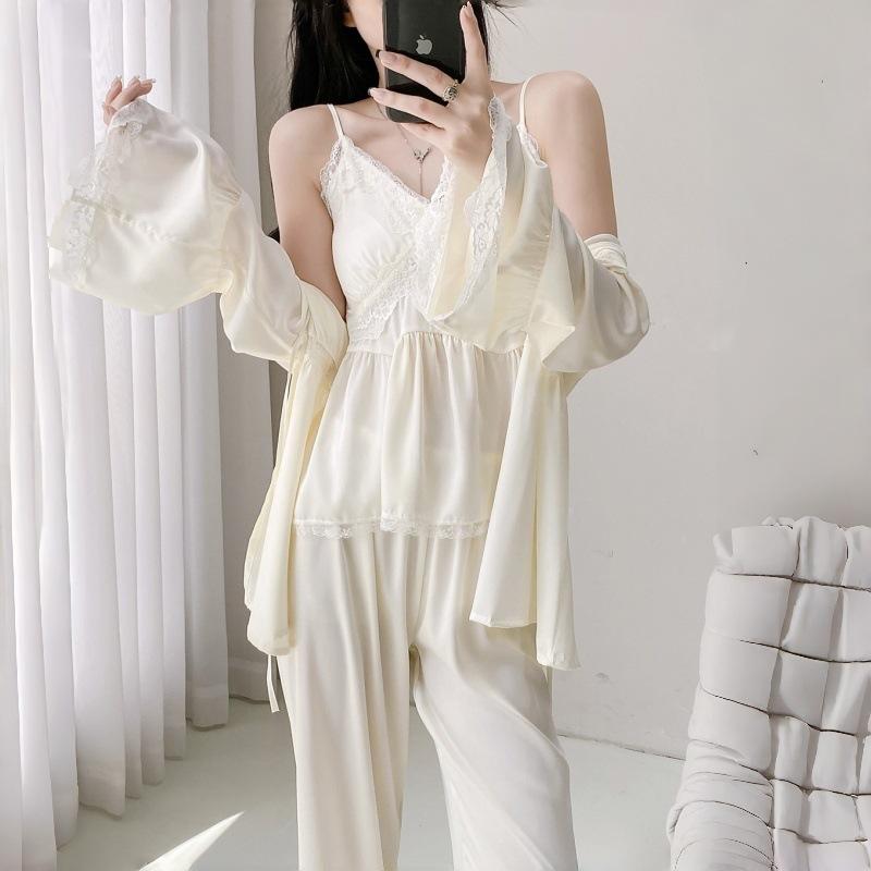 Live female Xia Bingsi Zhao Ruth sexy lace pajamas three-piece set suspender long sleeve trousers homewear
