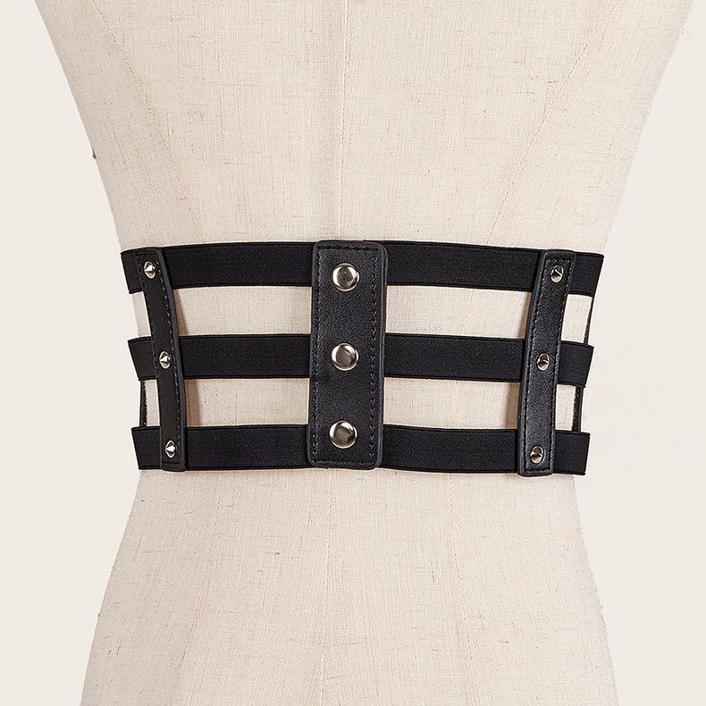 Punk Style Three-Row Pin Buckle Belt Women'S Dress Shirt Elastic Wide Waist Seal Waist