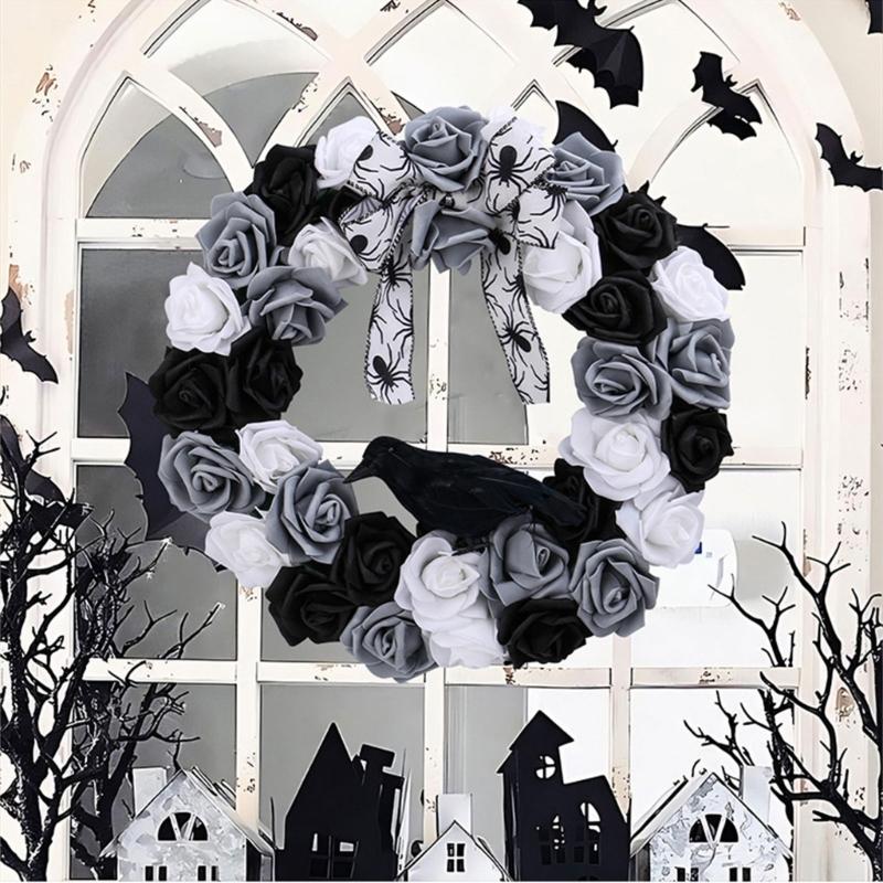 Black and White Rose Crow Front Door Wreath Halloween Decorative Wreath For Home Party Festival Porch Decoration