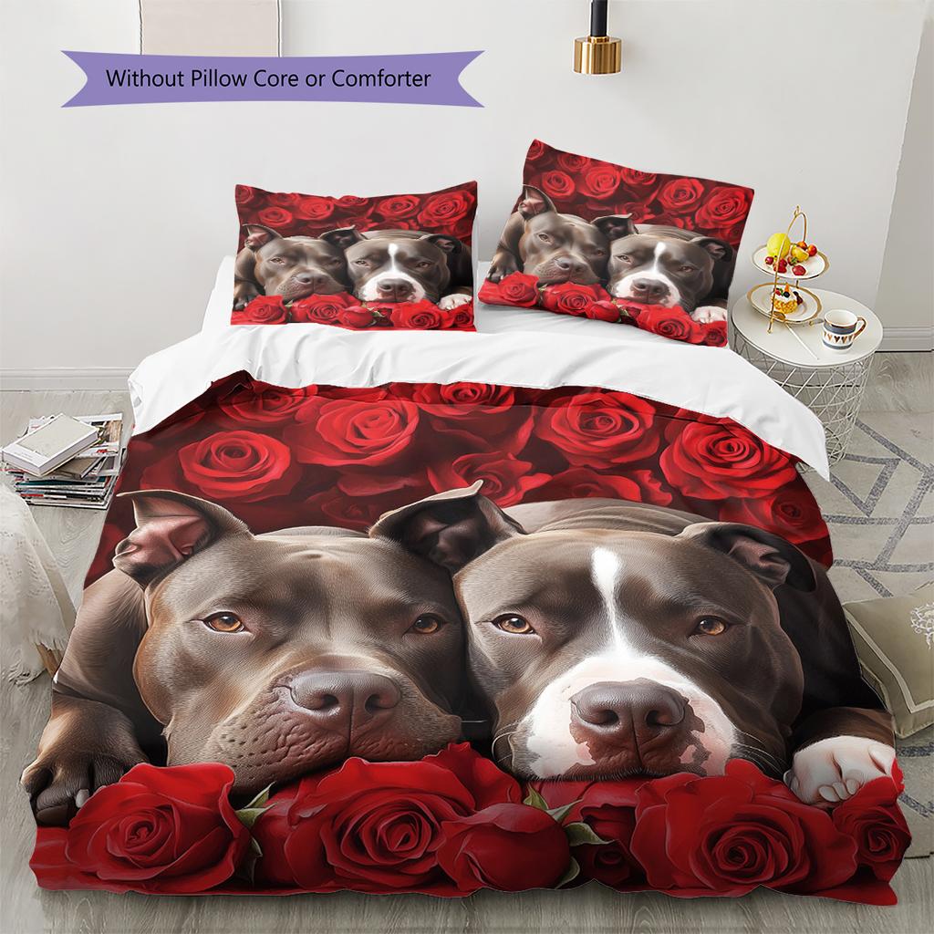 Pitbull and roses Pattern Bedding Home Decoration Birthday Gift (1 * duvet cover + 2 * pillowcase, without core)