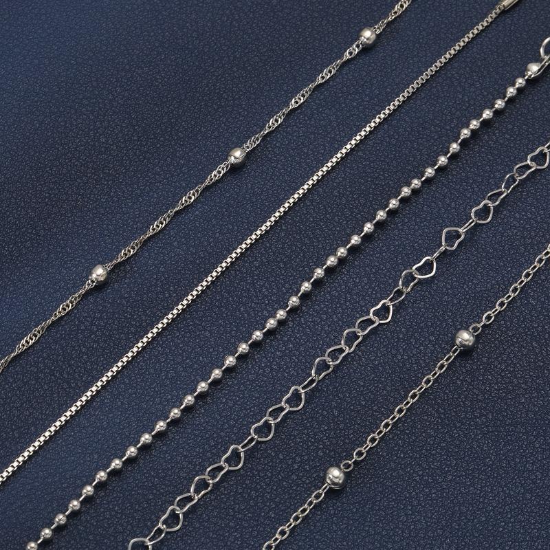 Set de 5 Pulseras, Aleación para Mujer, Cadena de Corazón con Cuentas Redondas, Pulsera de Cadena de Caja Minimalista