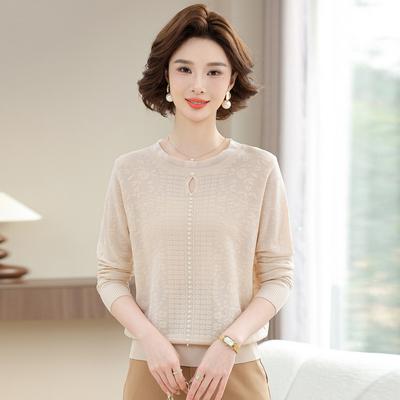 Women's Clothing, Spring and Autumn New Base Shirt Top Middle-aged Mother's Spring Clothes, Fashionable Long-sleeved Knitted Shirt Thin