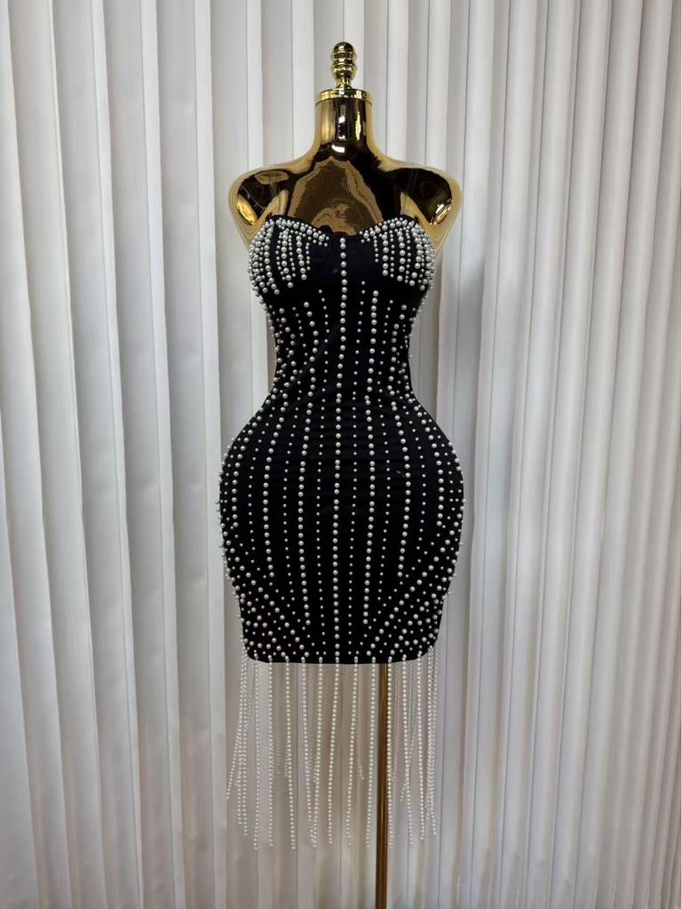 Abito Bandage Sexy Senza Spalline con Nappa Perline Europee e Americane - Elegante Gonna Bodycon da Socialite per Banchetti
