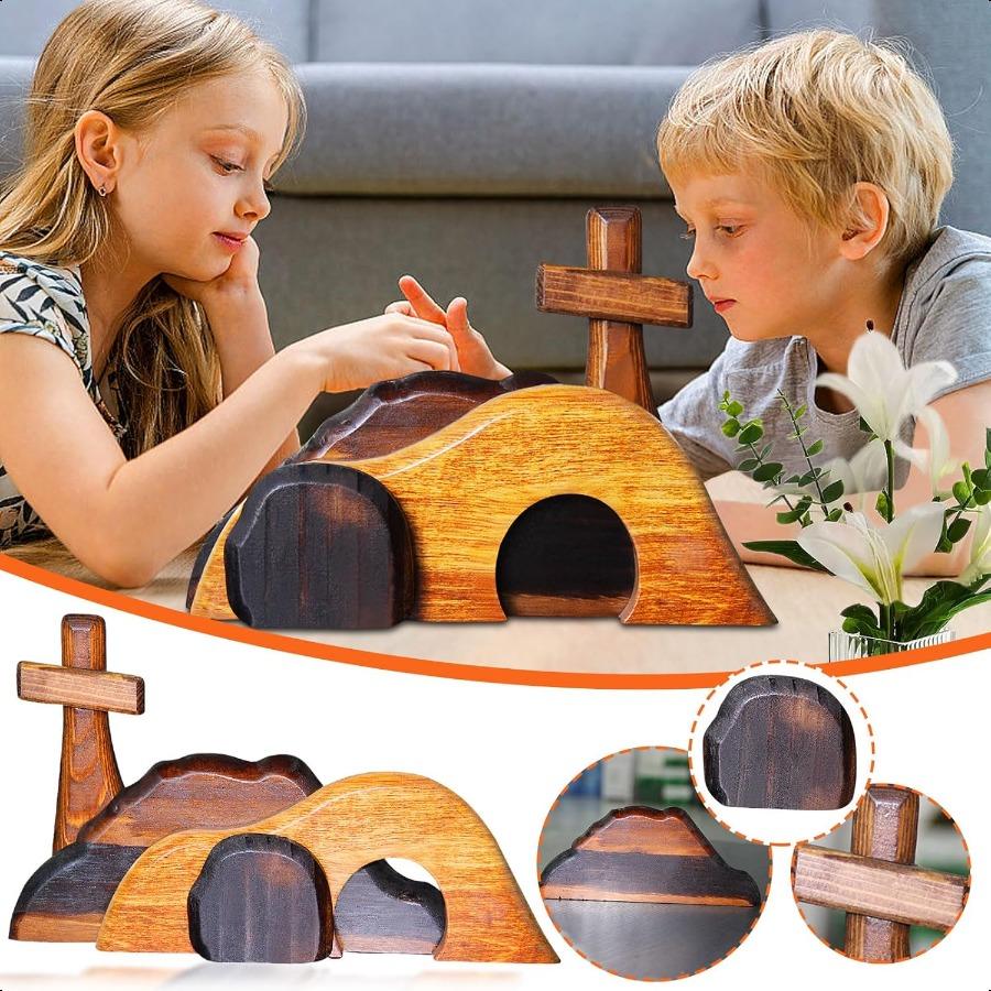 Easter Empty Tomb Scene with Cross Decor Statue Wooden Nativity Set Jesus Decorations Catholic He is Risen for Home 4PCS Empty