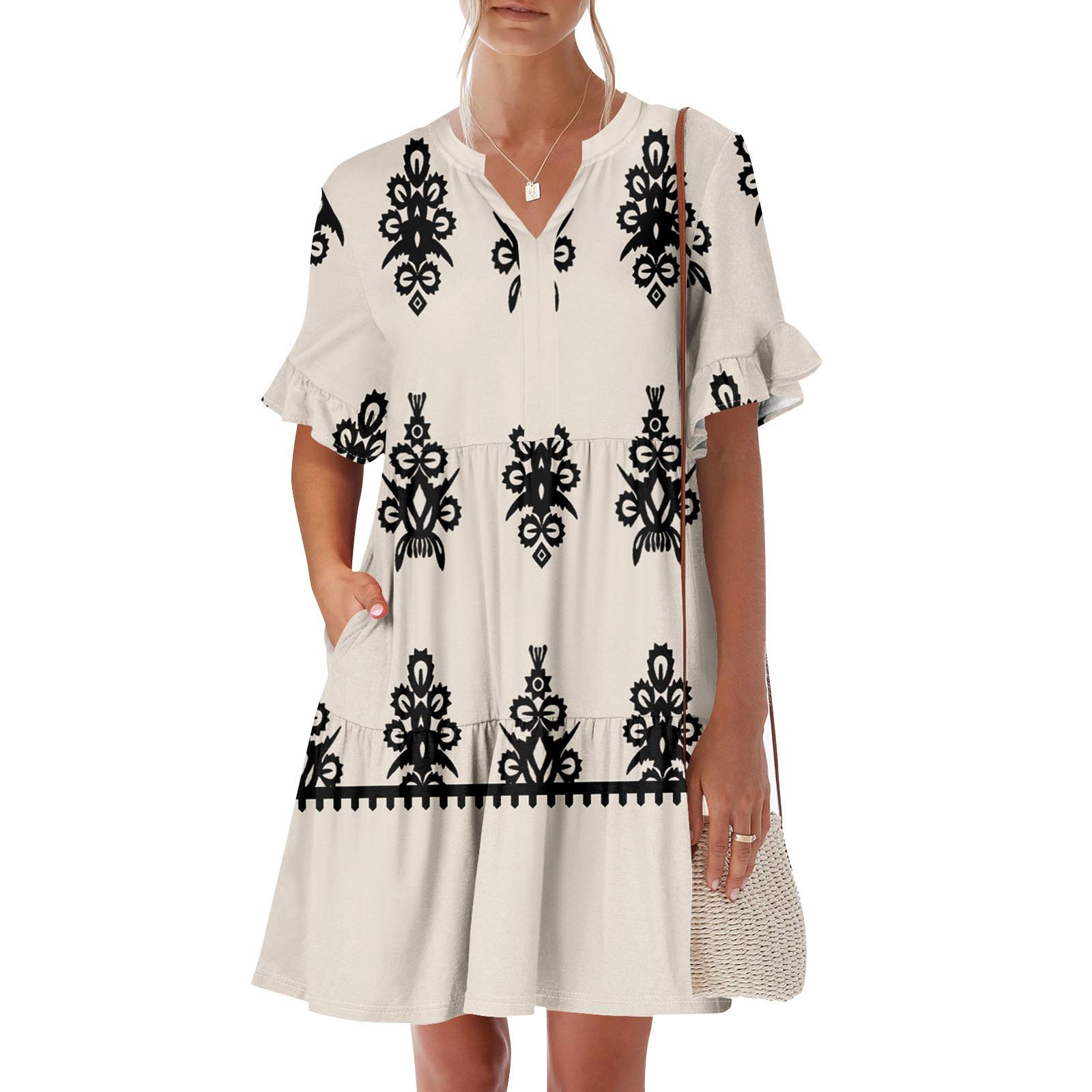 

Женское летнее платье с коротким рукавом и V-образным вырезом, короткие платья, модное повседневное струящееся платье в стиле бохо с оборками и карманами L бежевый