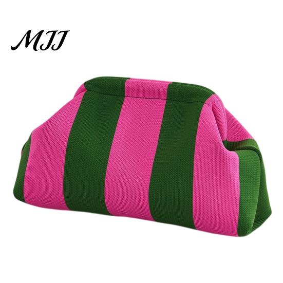 Daily Travel Toiletry Organizer Snap Shut Makeup Bag, Striped Knitted Clutch Pouch, Stylish Small Cosmetic Pouch for Purse Wide Open Brushes