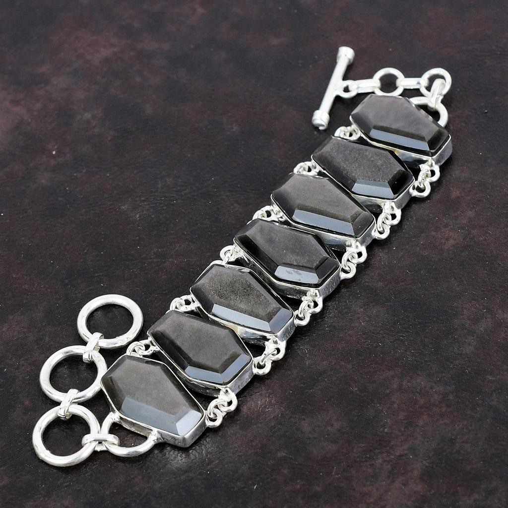 Pulseira facetada de obsidiana prateada com brilho, joia de pedra preciosa, pulseira de prata esterlina 925, pulseira com corrente ajustável, pulseira feita à mão para presentes