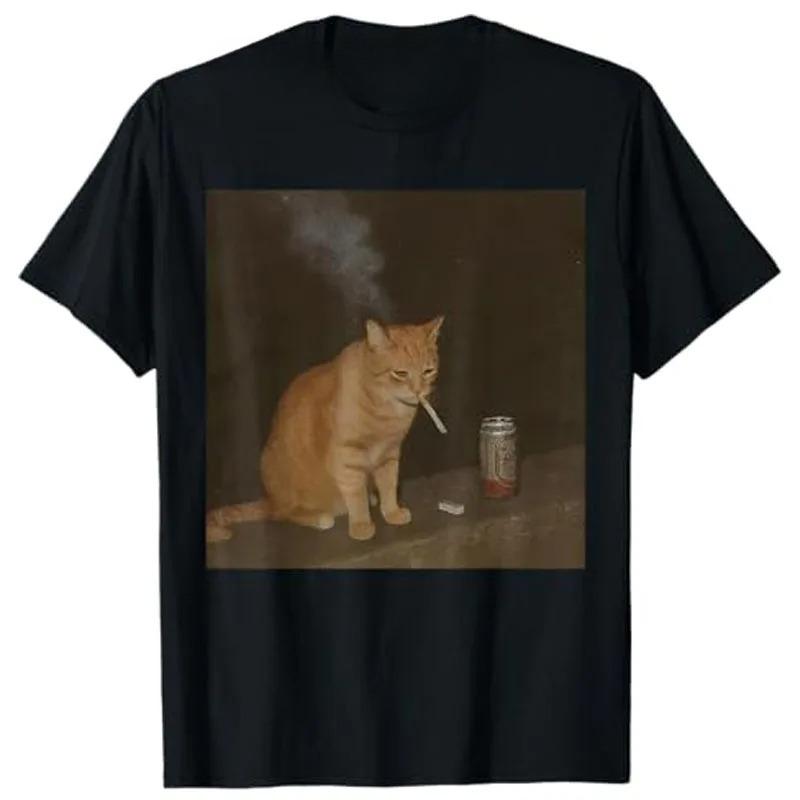 Китти Мем Кот Курит Сигарету и Пьет Пиво Плохие Девочки Грустят Футболка Женская Мода Любитель Выпить Дизайн Y2k Графический Наряд Футболка S