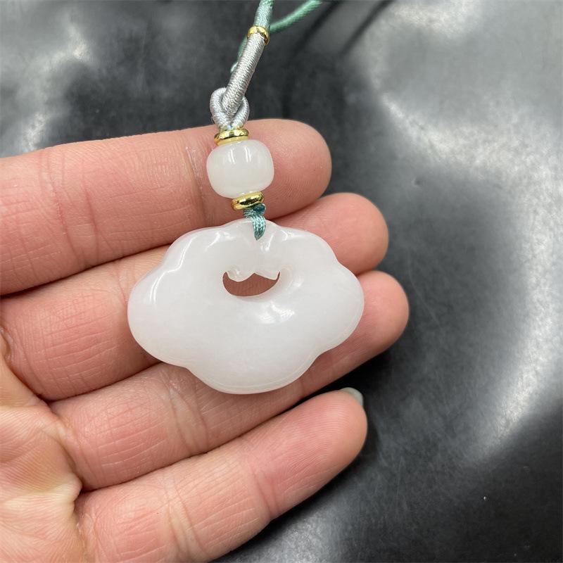 Natural Xinjiang White Jade Gold Thread Ruyi Lock & Water Drop Pendant