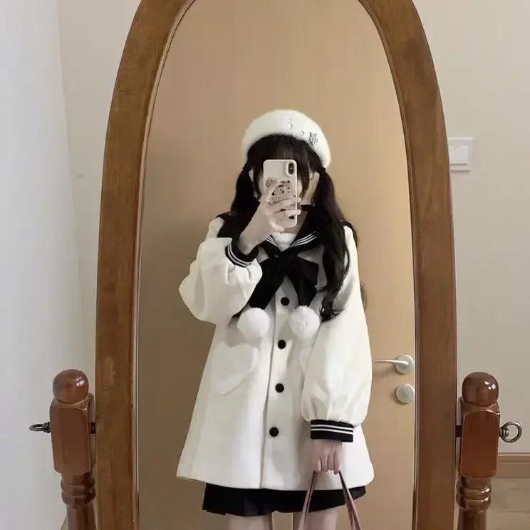 

Женские пальто Контрастный матросский воротник бант однобортный сердечко карман сладкий возраст уменьшение универсальное шерстяное пальто женская одежда L чёрный