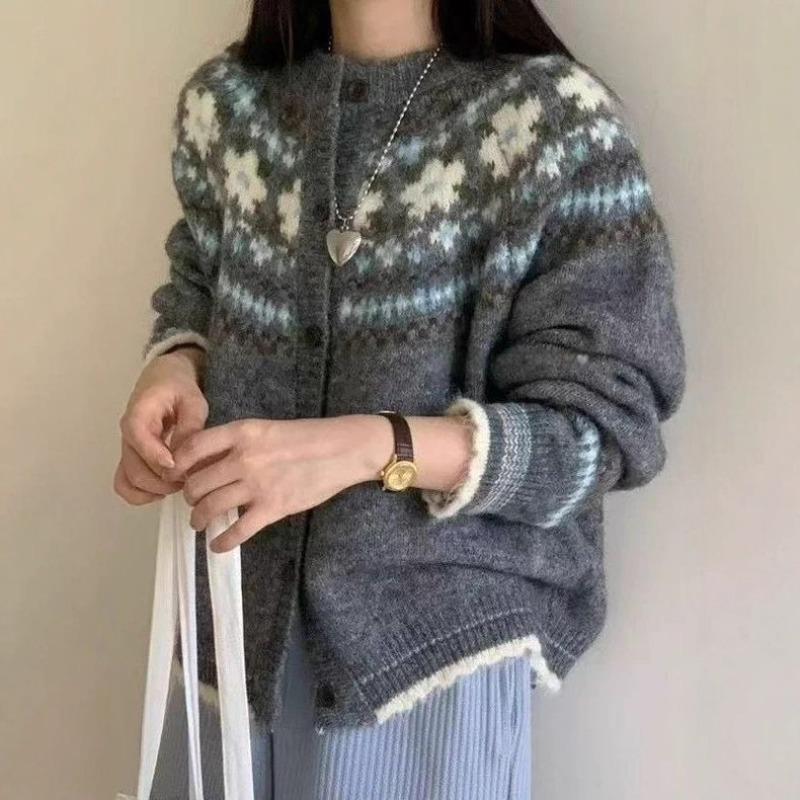 Высококачественный жакет-свитер с жаккардовым узором Fair Isle для женщин, осенняя новинка, свободный, ретро, контрастный, ленивый стиль, вязаный кардиган Onesize