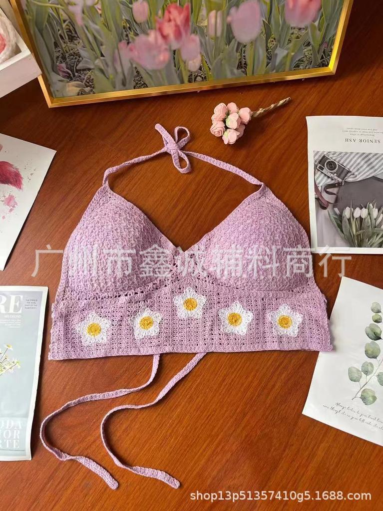 Neck small vest with chest pad, sling inside, shoulder-spilled backrest, hollow tube top, embroidered vest, women's summer short top